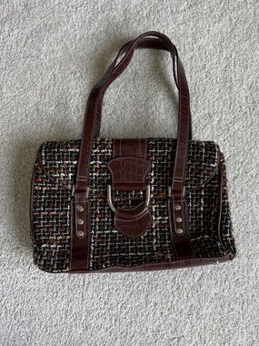 Brown Tweed Shoulder Bag with Croc-Accent Trim